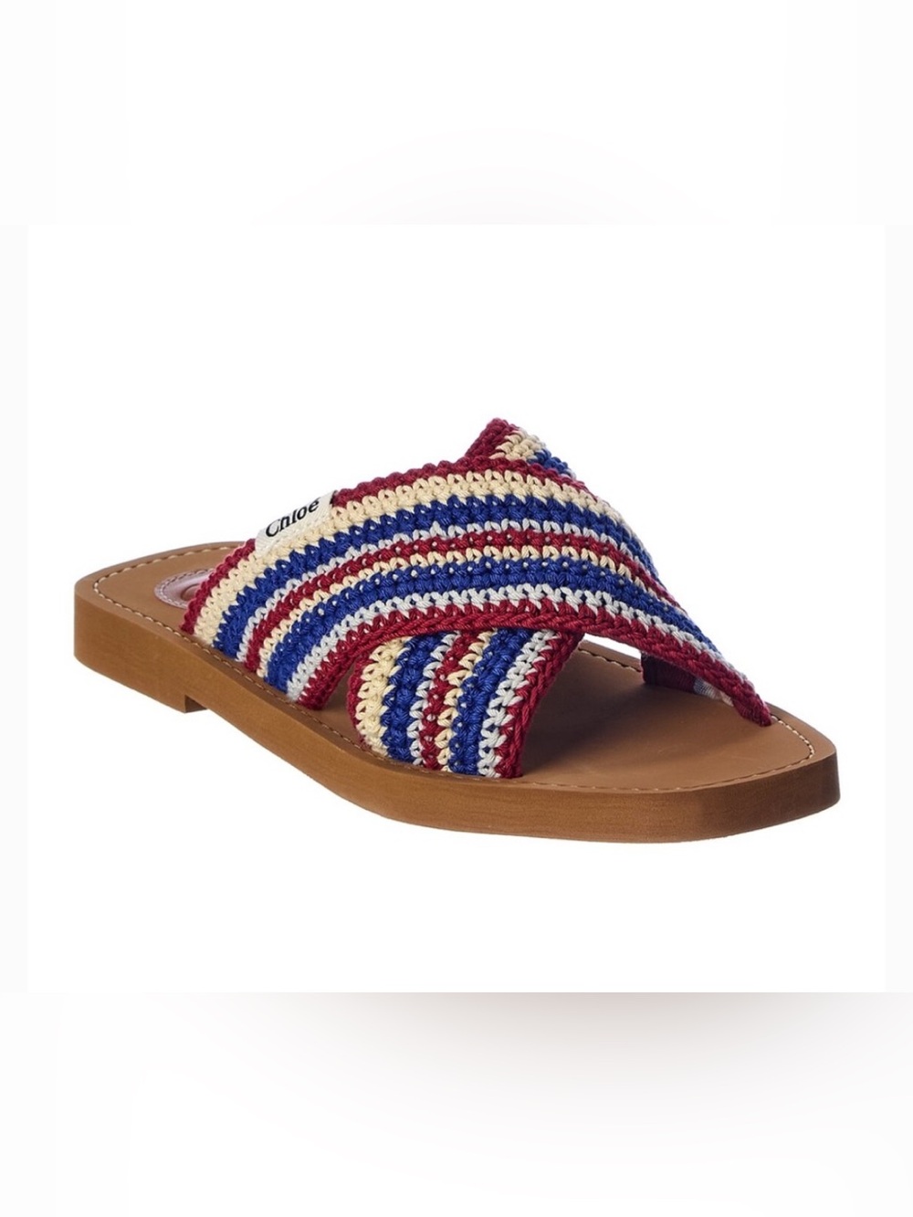 Chloe Striped Crochet Slide Sandal in Burgundy, Blue & Cream-39
